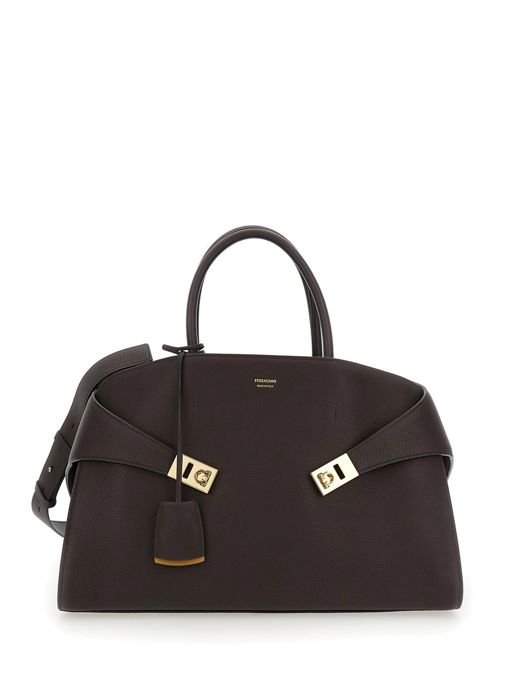 Ferragamo Borsa a Mano 'Hug Bicolor' con Logo e Fibbie Gancini in Pelle Marrone Donna