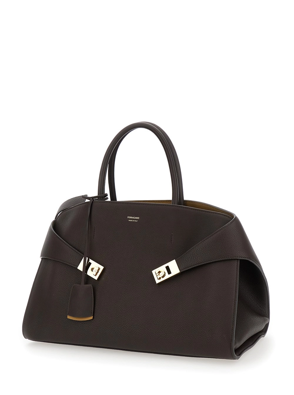 Ferragamo Borsa a Mano 'Hug Bicolor' con Logo e Fibbie Gancini in Pelle Marrone Donna, view 2