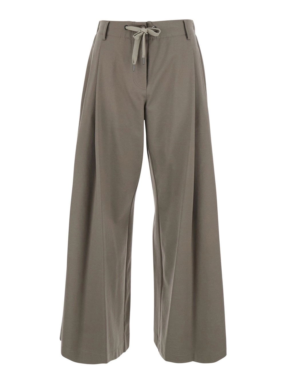 Brunello Cucinelli Pantaloni con vita con coulisse e gamba ampia in misto cotone beige donna