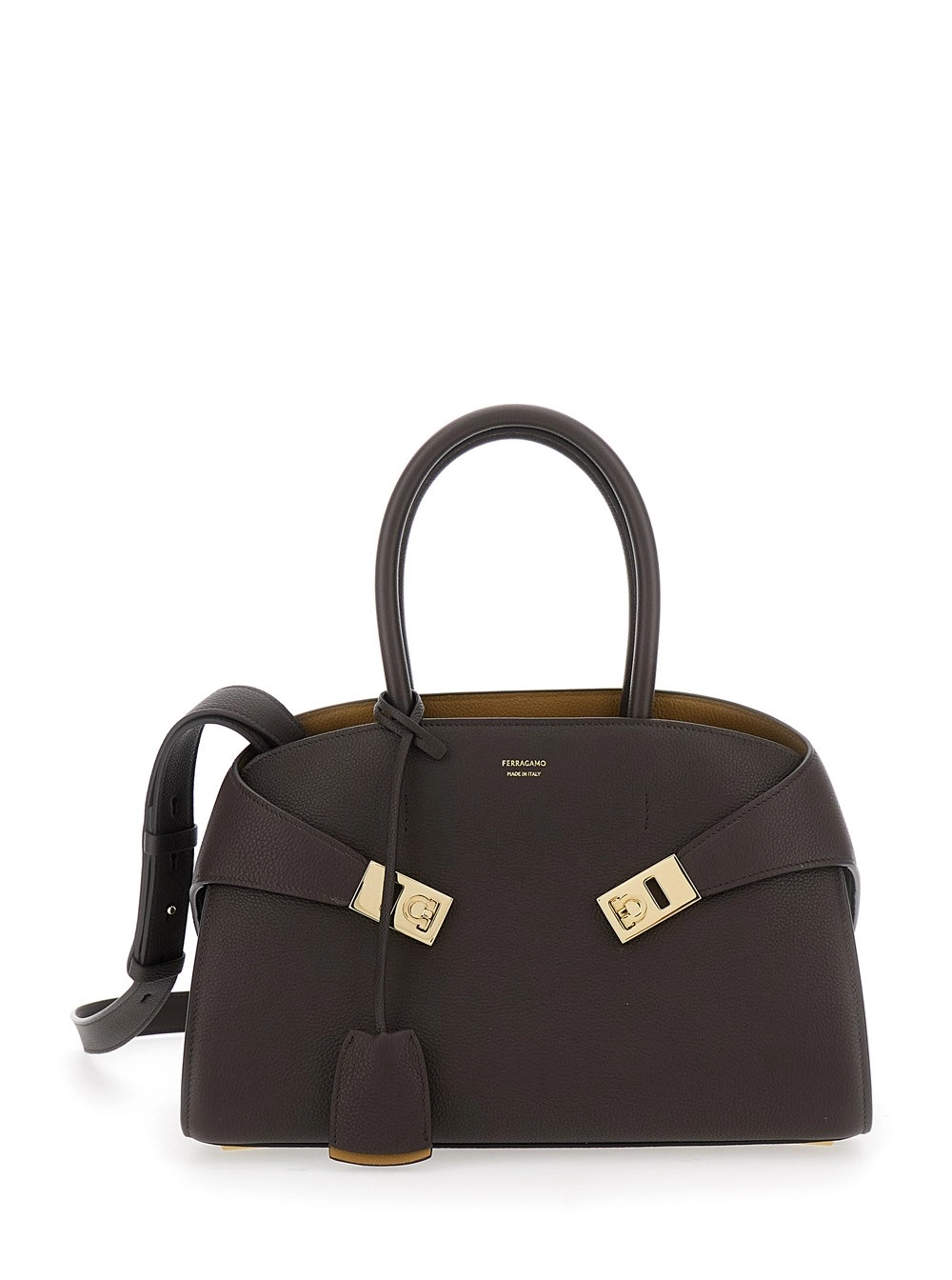 Ferragamo Borsa a Spalla 'Hug Small' con Logo e Fibbie Gancini in Pelle Marrone Donna