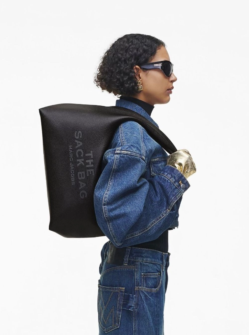 Marc Jacobs Borsa a Spalla 'The Sack' con Logo Impresso in Pelle Martellata Nera Donna, view 2