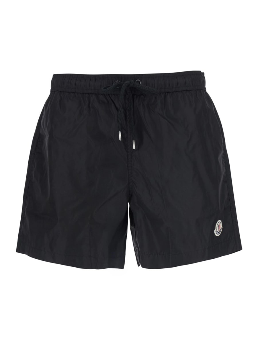 Moncler Costume da Bagno con Vita Elasticizzata con Coulisse e Patch Logo sul Fronte in Tessuto Tecnico Nero Uomo
