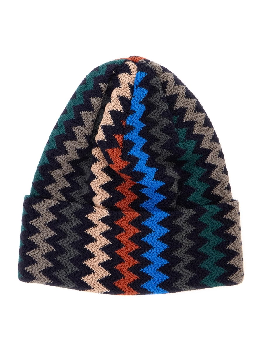 Missoni Berretto con tesa con risvolto e motivo ZigZag in misto lana nero uomo