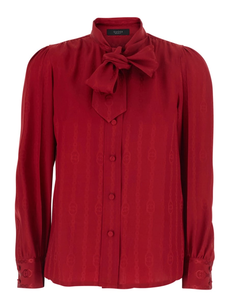 Gucci Camicia con Fiocco sul Fronte e Motivo con Catena GG All-Over in Seta Rossa Donna