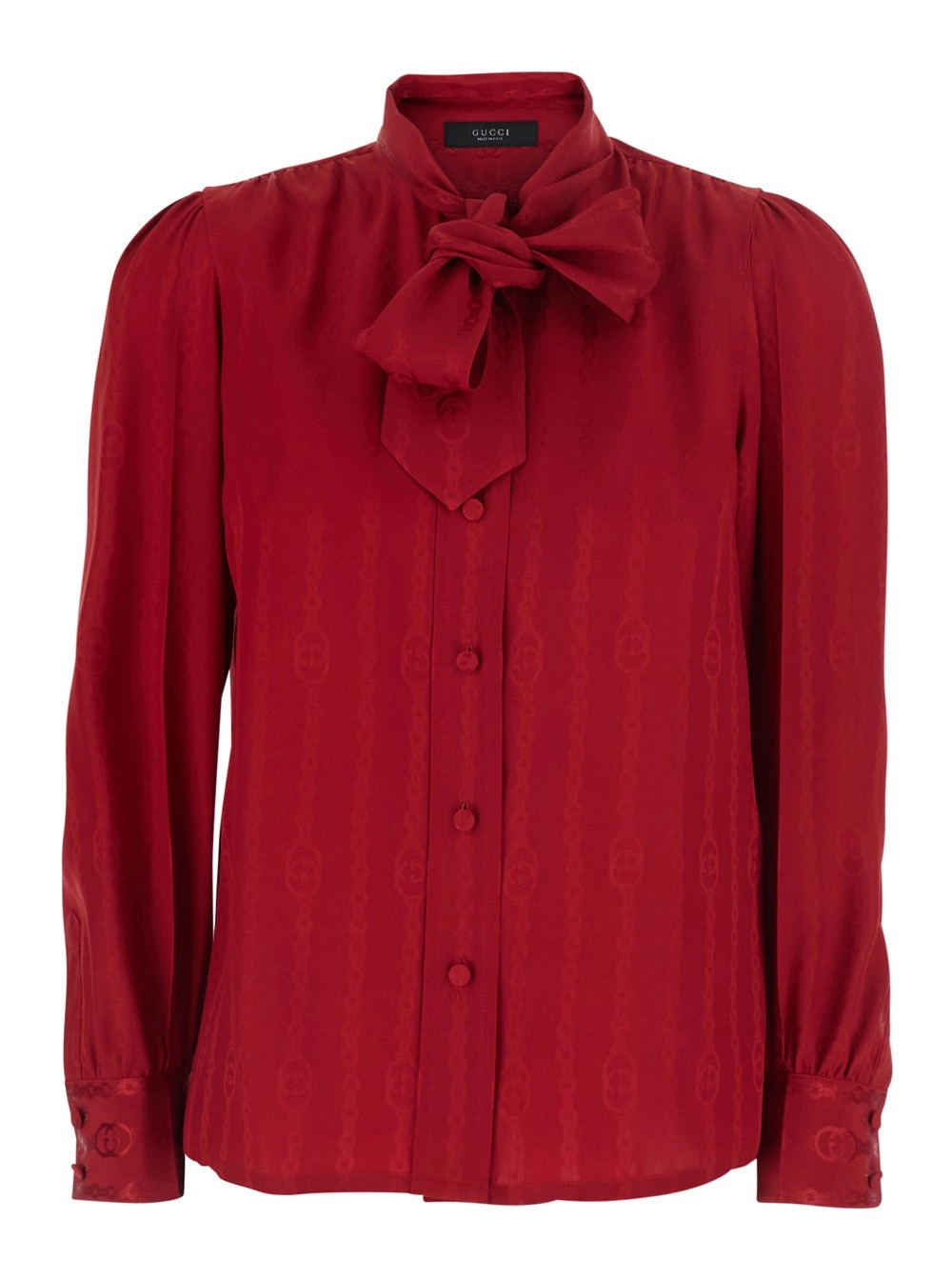 Gucci Camicia con Fiocco sul Fronte e Motivo con Catena GG All-Over in Seta Rossa Donna
