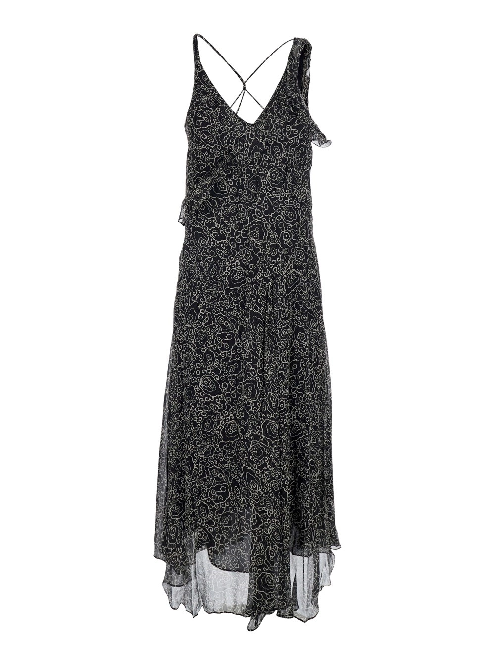 Marant etoile Abito Lungo 'Luxie' con Ruches e Stampa All-Over in Viscosa Nero Donna