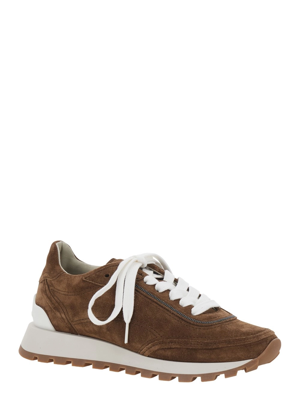 Brunello Cucinelli Sneaker Low Top con Punta Rotonda Traforata e Suola in Gomma in Pelle Scamosciata Marrone Donna, view 2