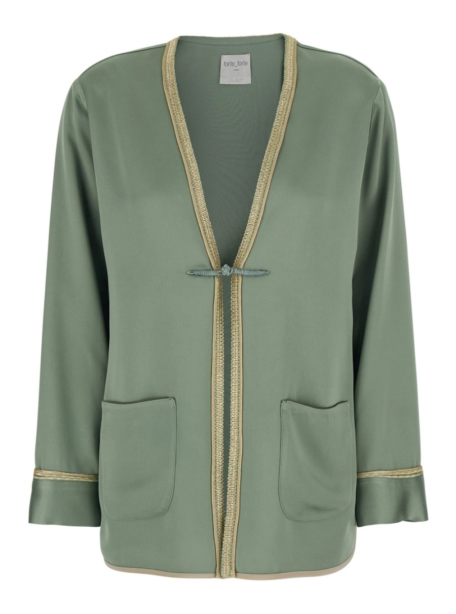 Forte_Forte Giacca con Rifiniture a Contrasto e Chiusura ad Alamari sul Fronte in Misto Viscosa Verde Donna