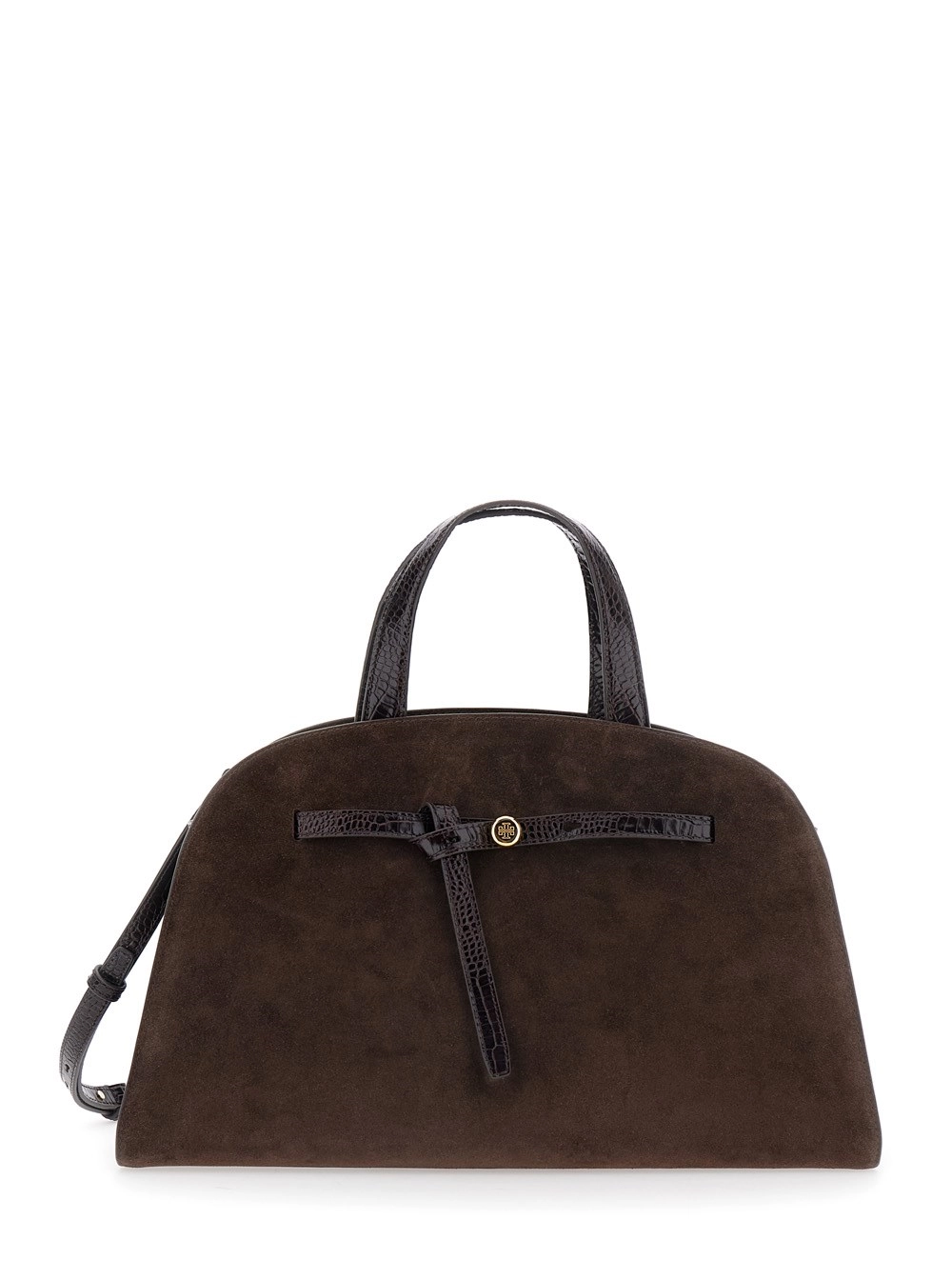Tory Burch Borsa a Mano 'Romy' con Tracolla Regolabile e Removibile e Placca Logo sul Fronte in Pelle Scamosciata Marrone Donna