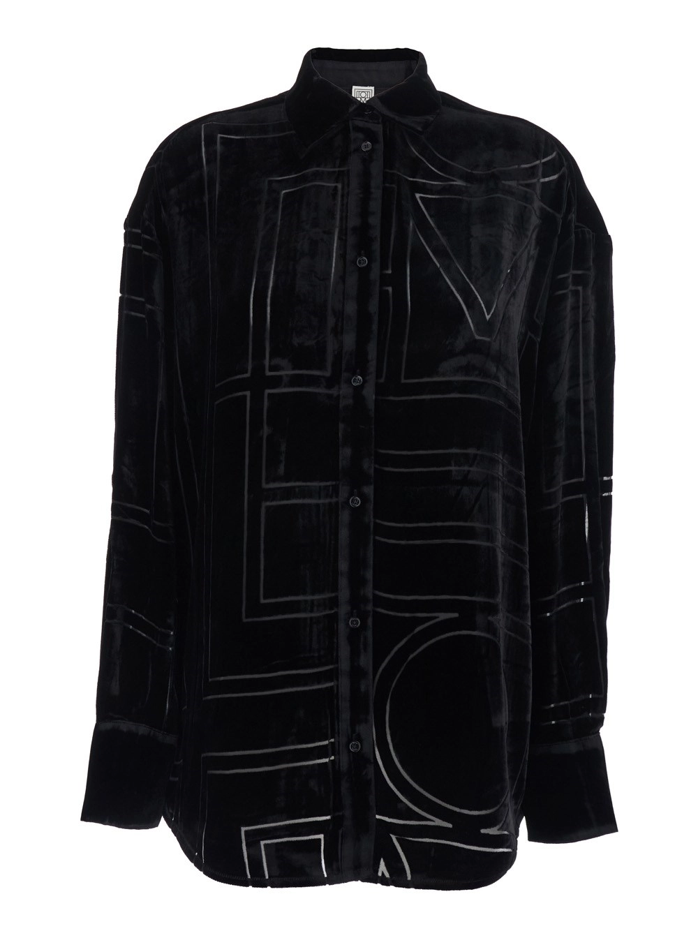 Toteme Camicia Oversize con Colletto Classico e Monogramma Logo All-Over in Velluto Nera Donna