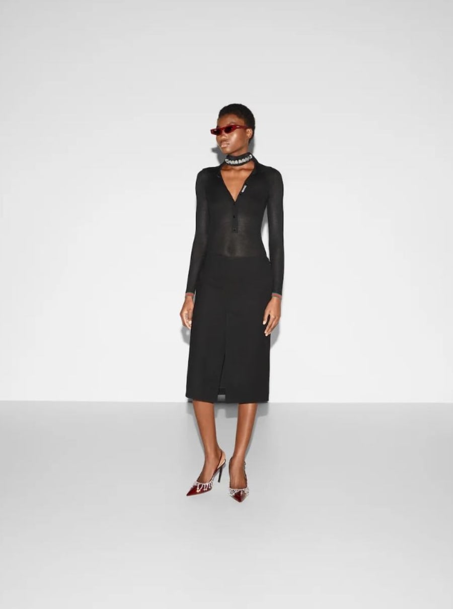 Gucci Gonna a Vita Alta con Logo Lettering sulla Vita e su Tiralampo in Lana Nera Donna, view 4