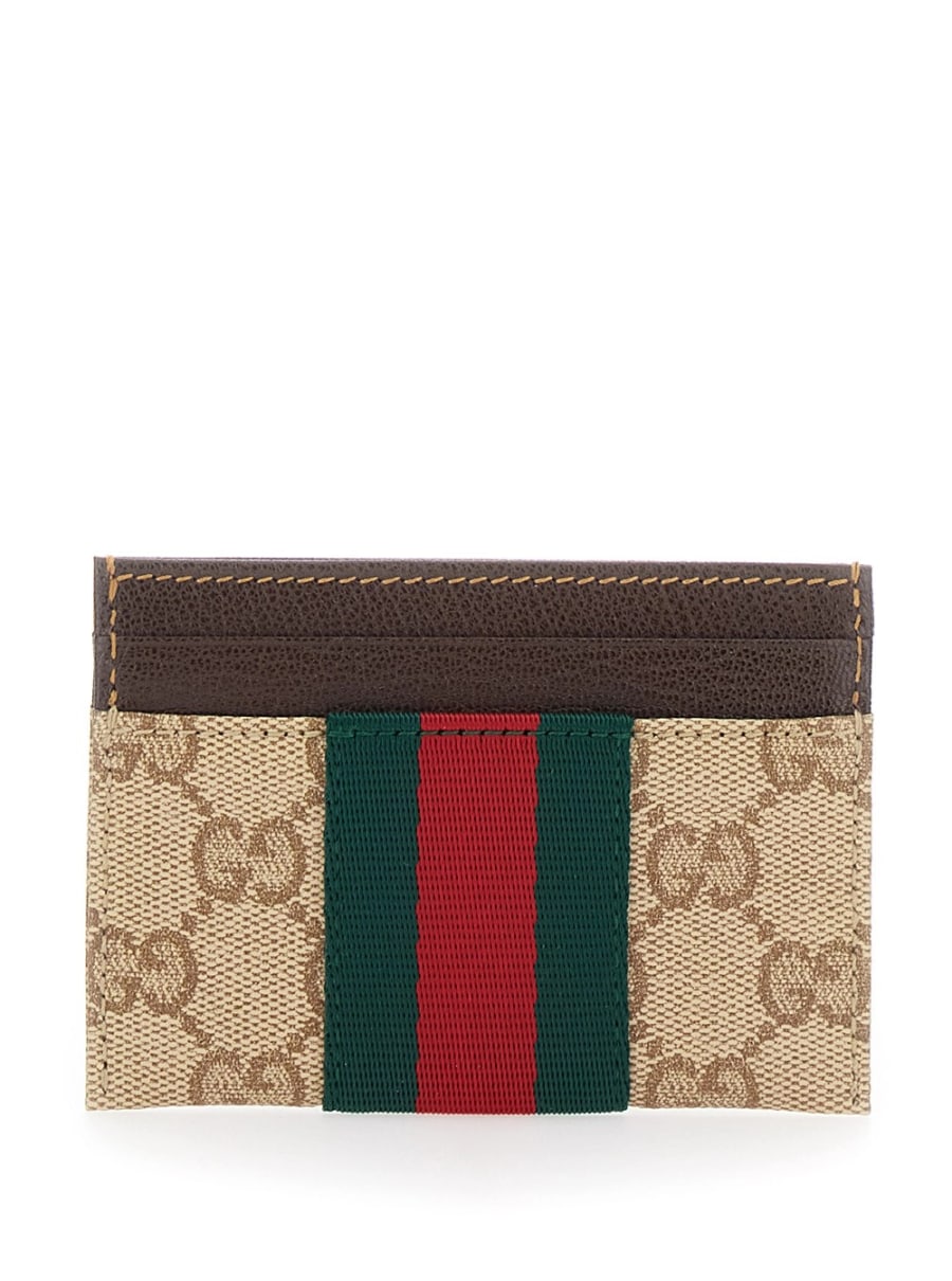 Gucci Portacarte con fascia Web e motivo GG all-over in tessuto beige donna
