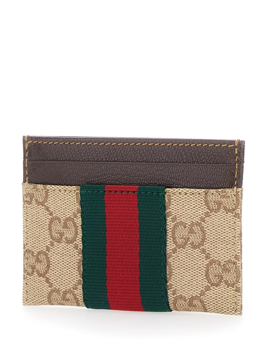 Gucci Portacarte con fascia Web e motivo GG all-over in tessuto beige donna, view 2