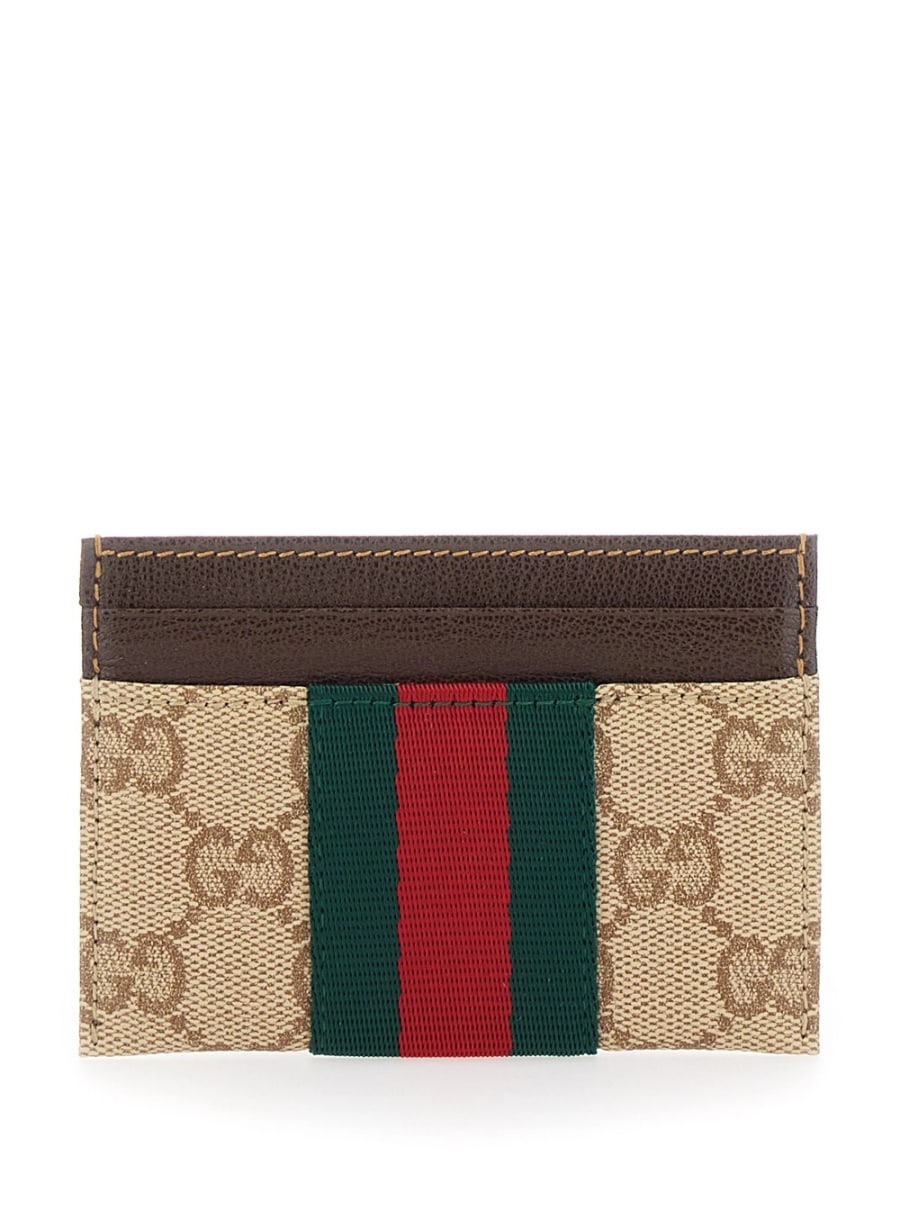 Gucci Portacarte con fascia Web e motivo GG all-over in tessuto beige donna, view 3