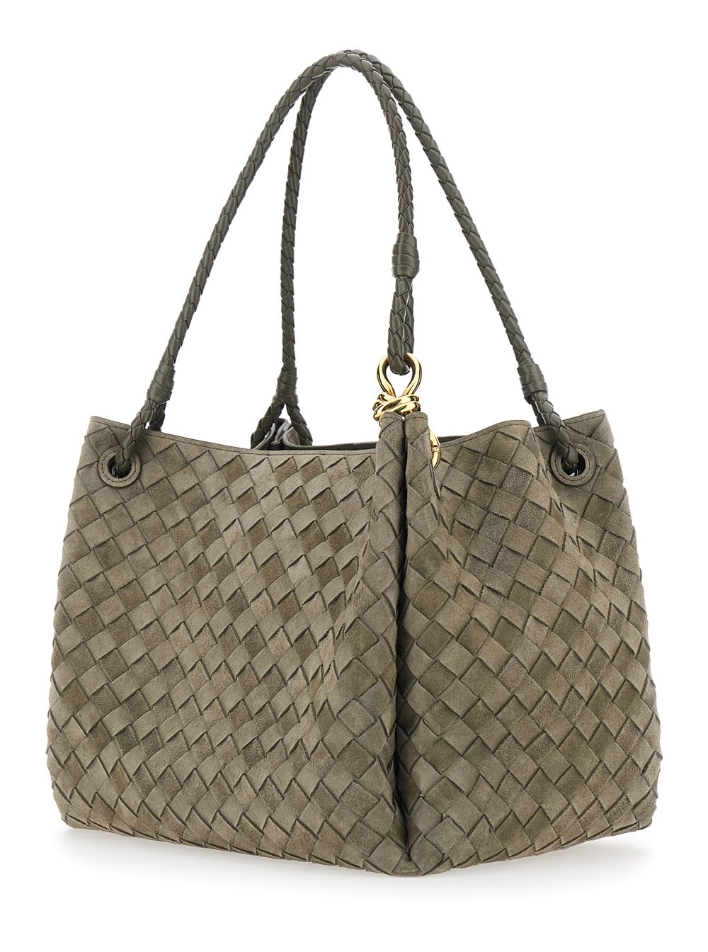 Bottega Veneta Borsa a Spalla 'Parachute Grande' con Motivo Intrecciato All-Over e Pouch Removibile in Suede Verde Donna, view 2