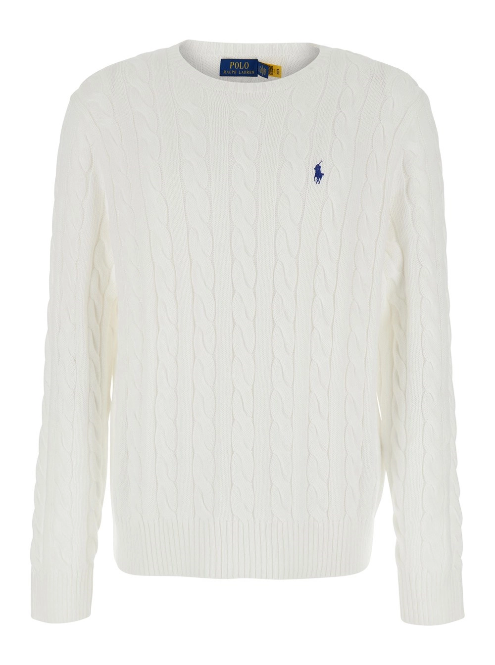 Polo Ralph Lauren Maglione con Scollo Rotondo e Ricamo Cavallino sul Fronte in Cotone Bianco Uomo