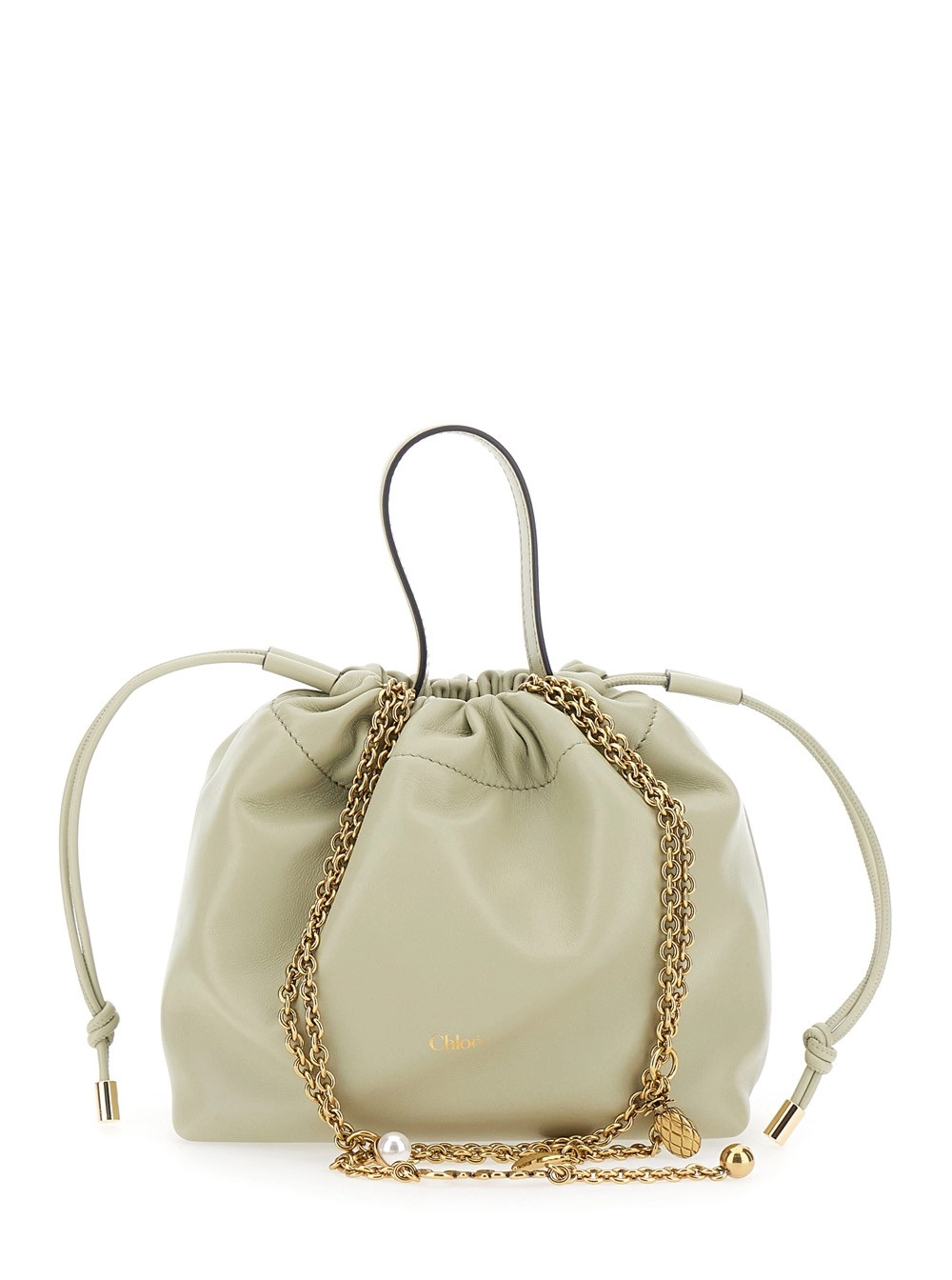 Chloé Borsa a Spalla 'Chloe Icons' con Chiusura a Coulisse e Logo Lettering sul Fronte in Pelle Grigia Donna