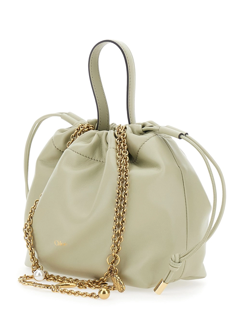 Chloé Borsa a Spalla 'Chloe Icons' con Chiusura a Coulisse e Logo Lettering sul Fronte in Pelle Grigia Donna, view 2