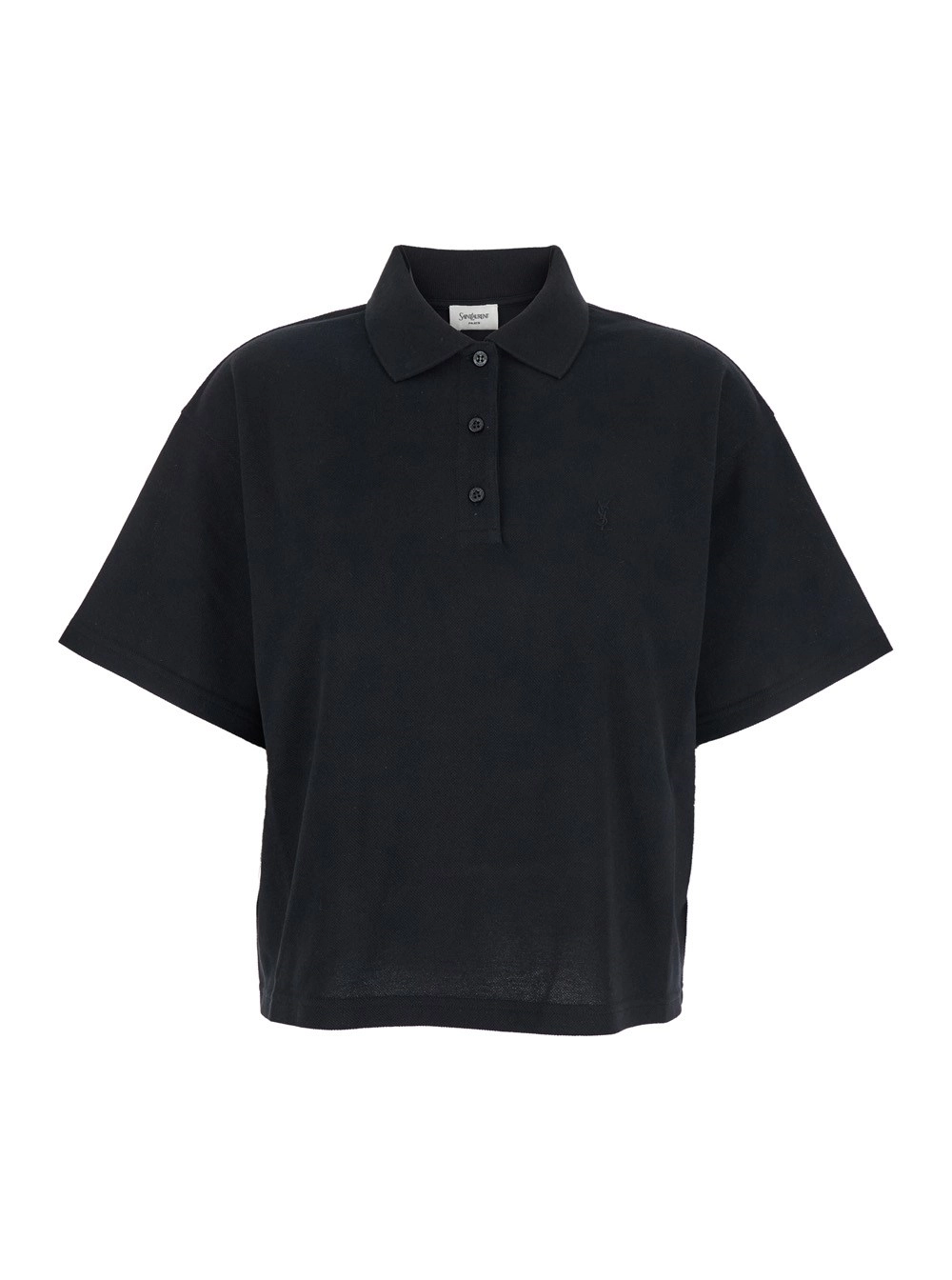 Saint Laurent Polo Oversize con Colletto Classico e Ricamo Logo sul Fronte in Piquet di Cotone Nera Donna