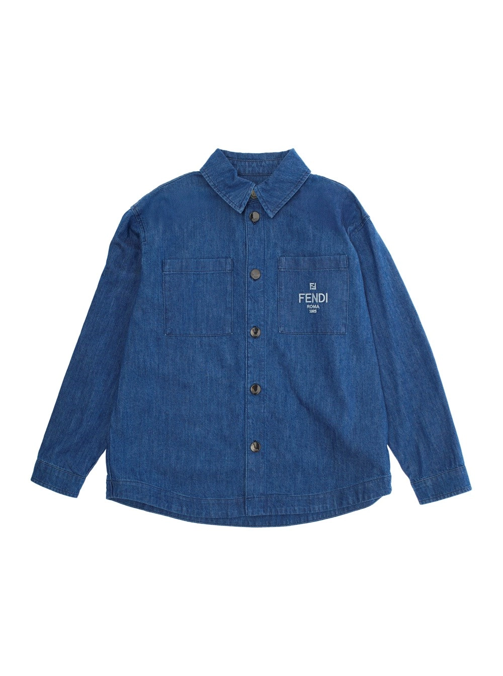 Fendi kids Giacca con Colletto Classico e Ricamo Logo Lettering sul Fronte in Denim Blu Bambino
