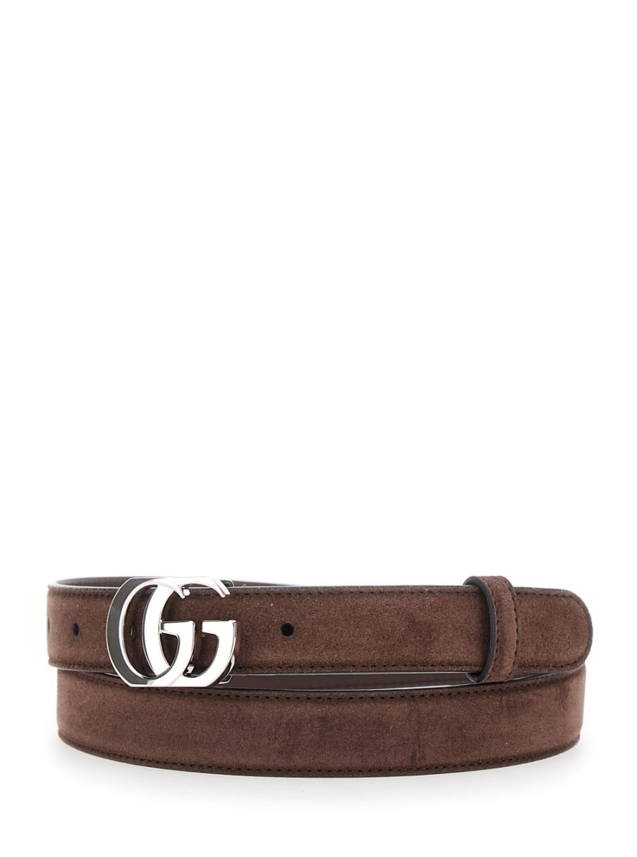 Gucci Cintura con fibbia GG in pelle scamosciata marrone donna, view 2