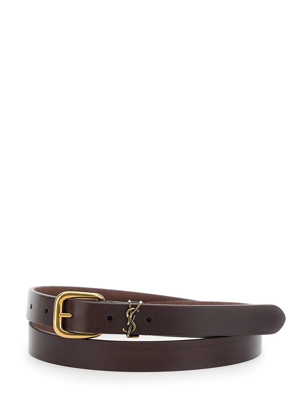 Saint Laurent Cintura con Placca Cassandre sul Fronte e Chiusura con Fibbia Regolabile in Pelle Marrone Uomo