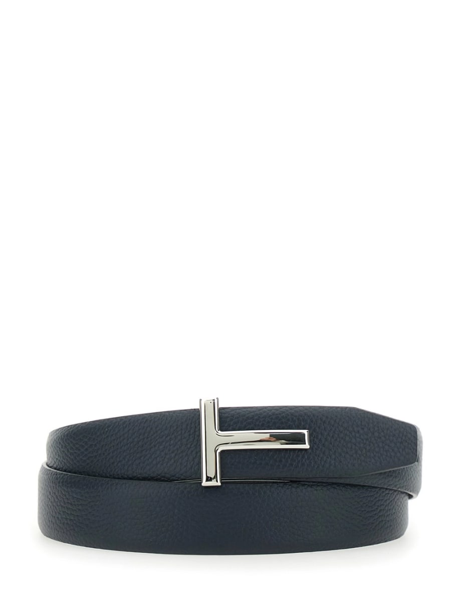 Tom Ford Cintura Reversiible con Fibbia T e Effetto Pelle di Coccodrillo Goffrata in Pelle Blu Uomo