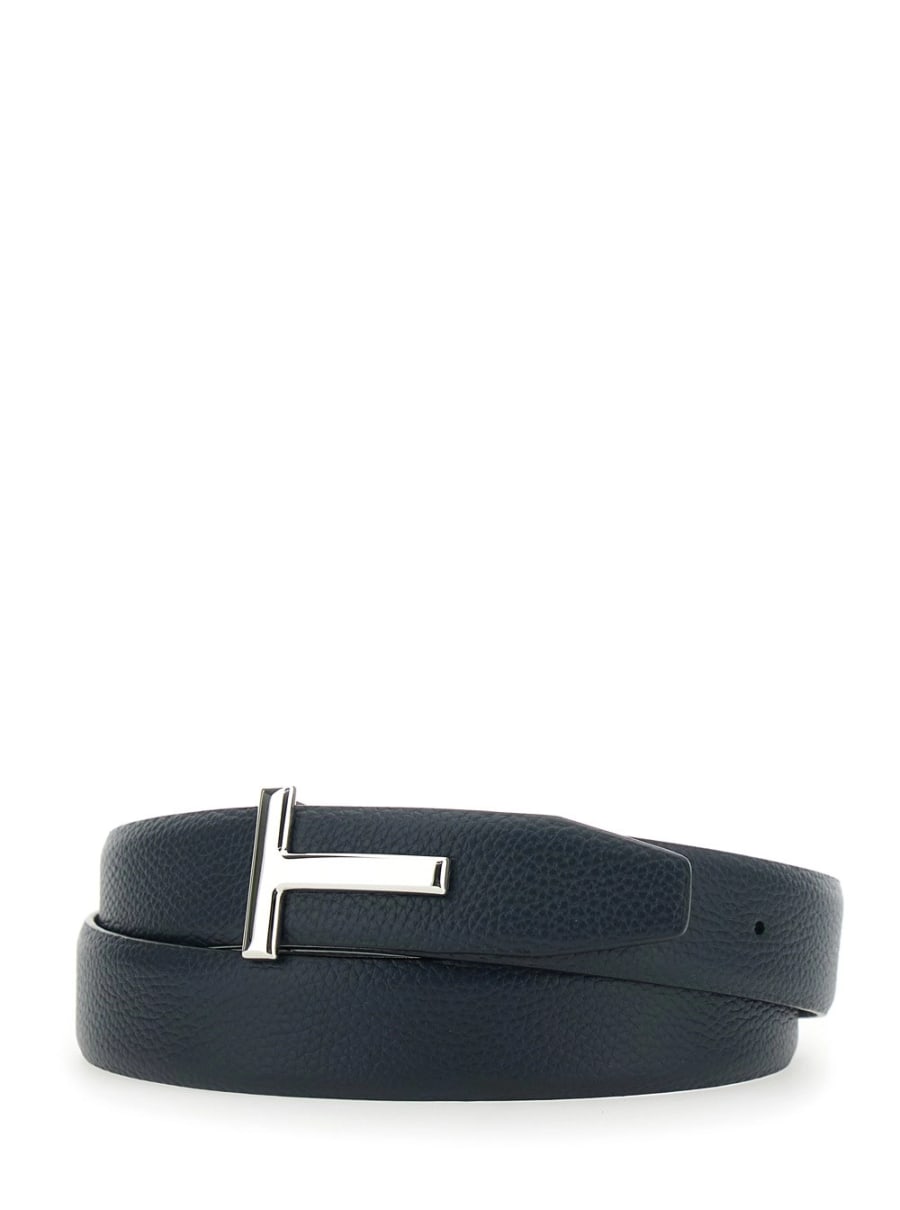 Tom Ford Cintura Reversiible con Fibbia T e Effetto Pelle di Coccodrillo Goffrata in Pelle Blu Uomo, view 2