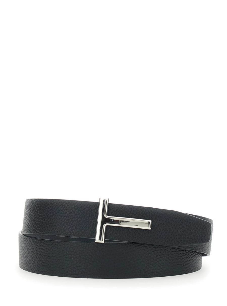 Tom Ford Cintura Reversiible con Fibbia T e Effetto Pelle di Coccodrillo Goffrata in Pelle Blu Uomo, view 4