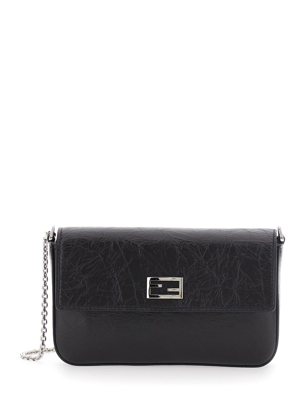Fendi Borsa a Tracolla con tracolla a catena e placca FF sul fronte in pelle nera donna