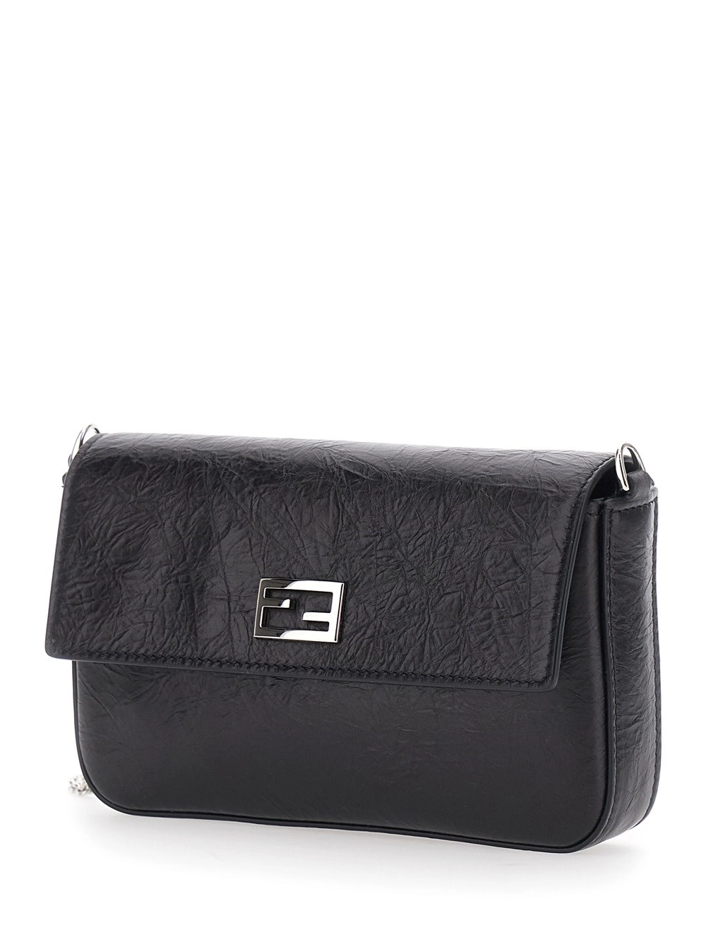 Fendi Borsa a Tracolla con tracolla a catena e placca FF sul fronte in pelle nera donna, view 2