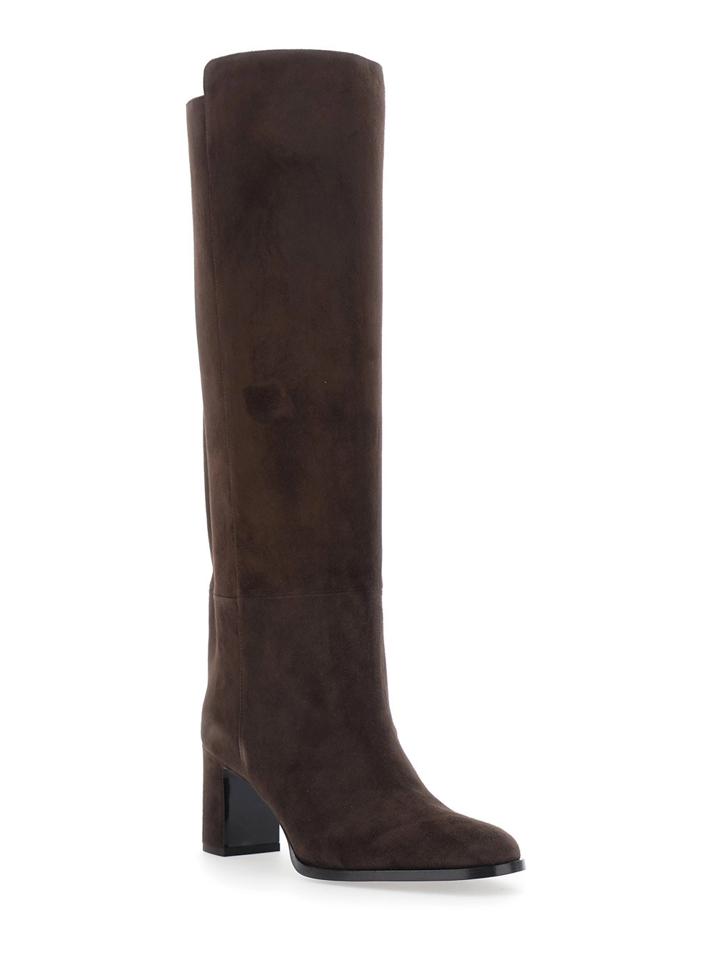 Jimmy Choo Stivali al Ginocchio 'Caly' con punta rotonda e tacco medio in pelle scamosciata marroni donna, view 2