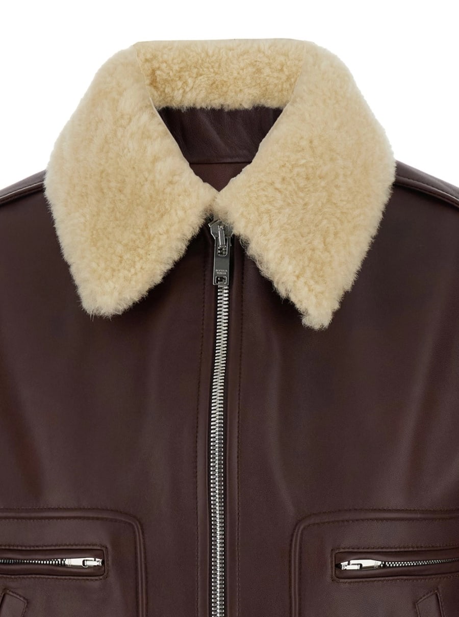 Bottega Veneta Montone con Colletto in Pelliccia Removibile e Chiusura con Zip sul Fronte in Pelle Marrone Donna, view 3