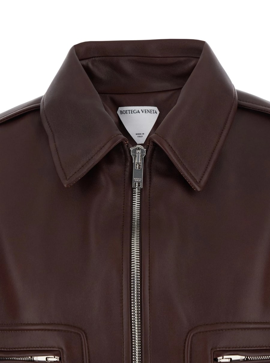 Bottega Veneta Montone con Colletto in Pelliccia Removibile e Chiusura con Zip sul Fronte in Pelle Marrone Donna, view 4