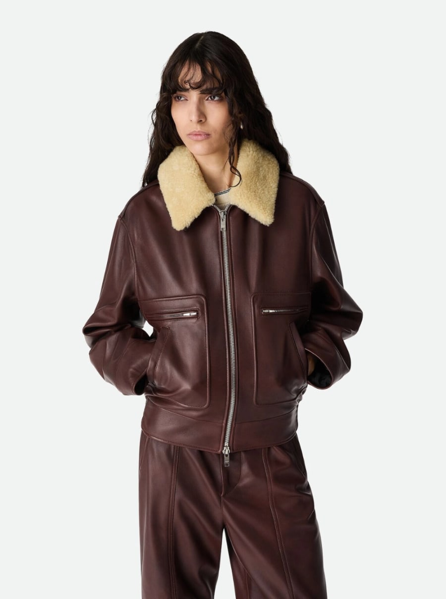 Bottega Veneta Montone con Colletto in Pelliccia Removibile e Chiusura con Zip sul Fronte in Pelle Marrone Donna, view 5