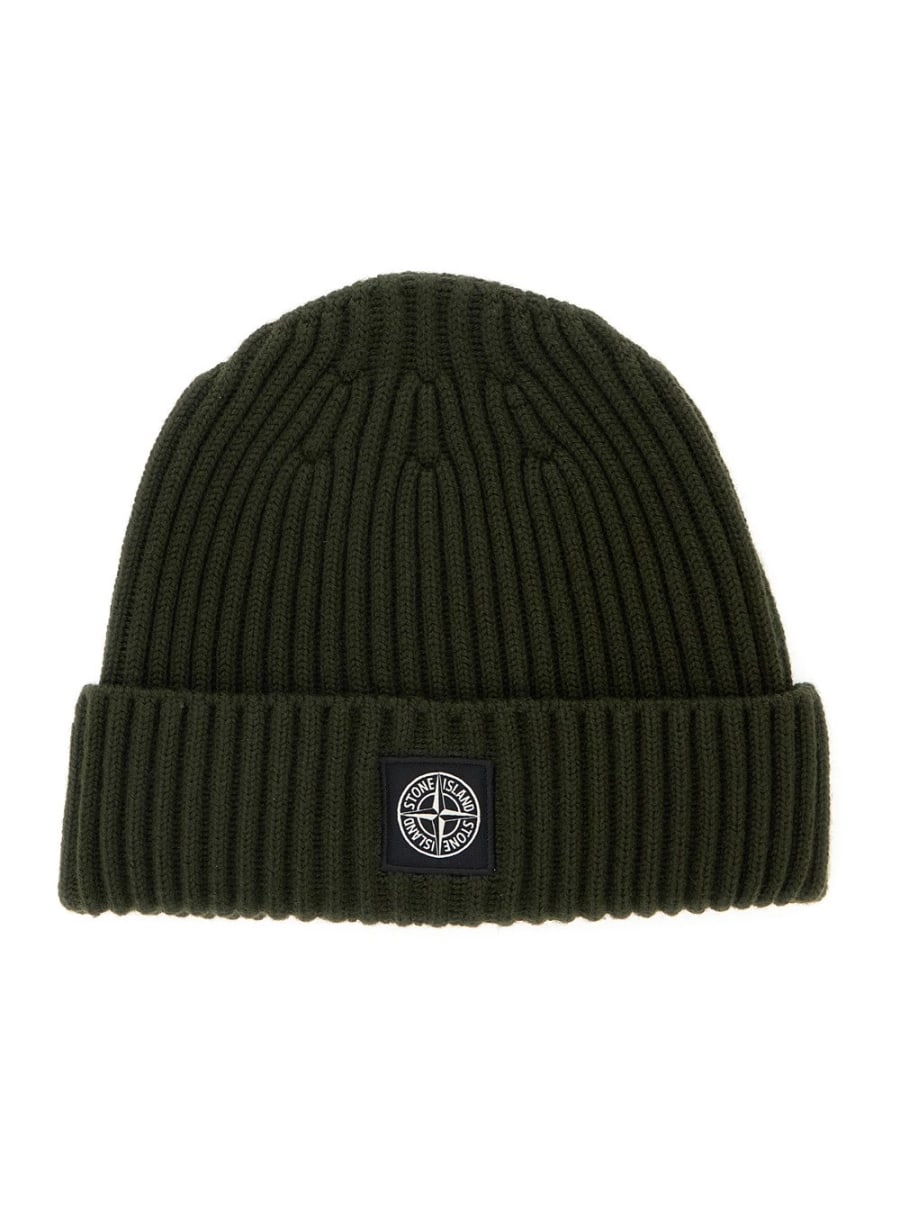 Stone island kids Berretto con Lavorazione e Coste e Patch Logo sul Fronte in Lana Verde Bambino