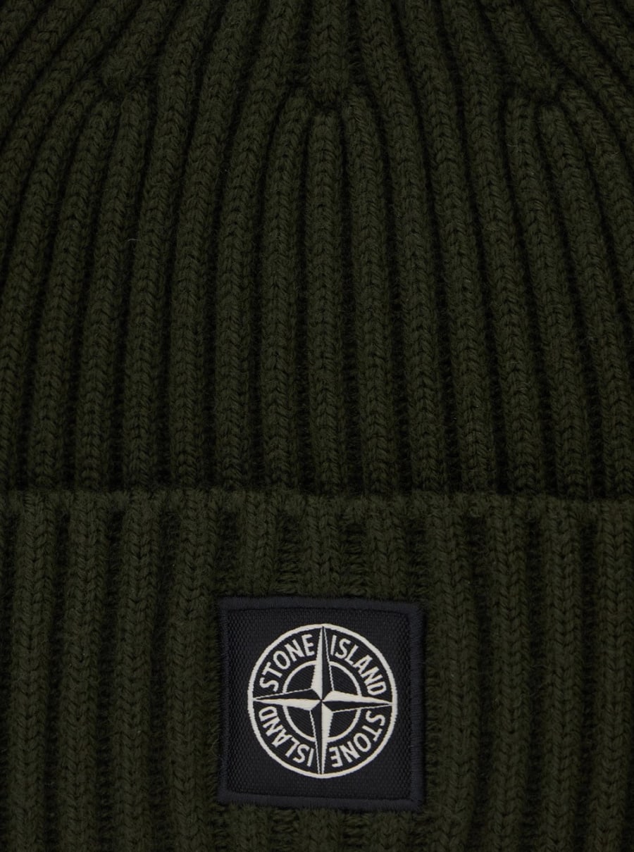 Stone island kids Berretto con Lavorazione e Coste e Patch Logo sul Fronte in Lana Verde Bambino, view 3
