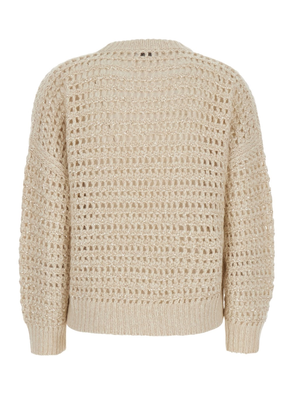 Brunello Cucinelli Maglione Girocollo con Lavorazione a Maglia Traforata in Misto Lana e Cashmere Bianco Donna, view 2