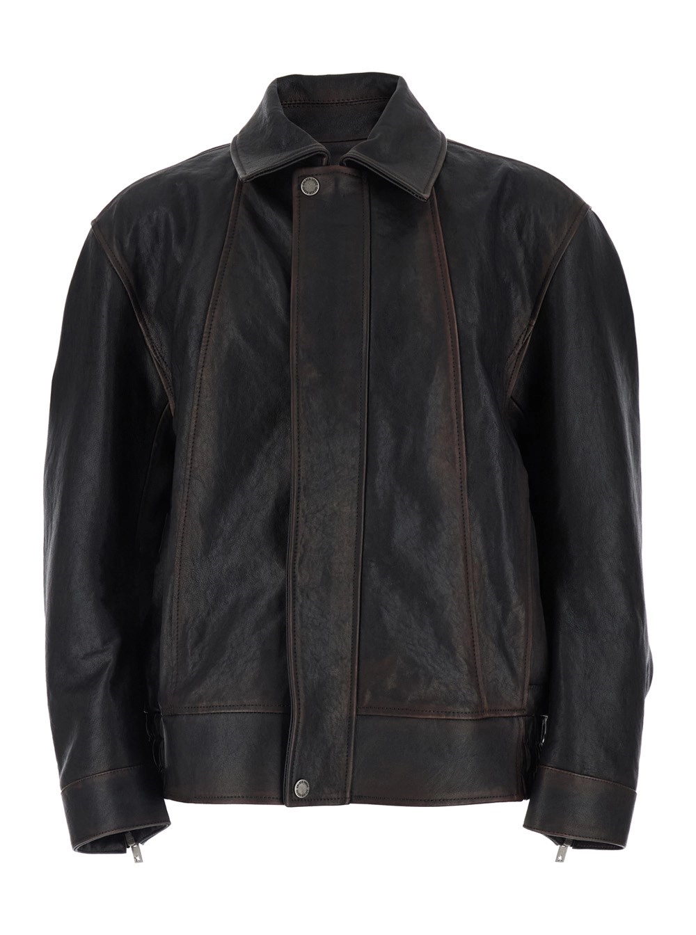 Golden Goose Giubbotto Marrone con Colletto Classico e Effetto Invecchiato in Pelle Uomo