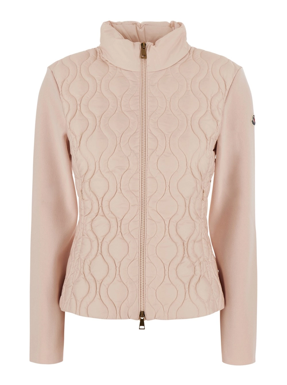 Moncler Cardigan con design trapuntato sul fronte e patch logo sulla manica in tessuto tecnico rosa donna