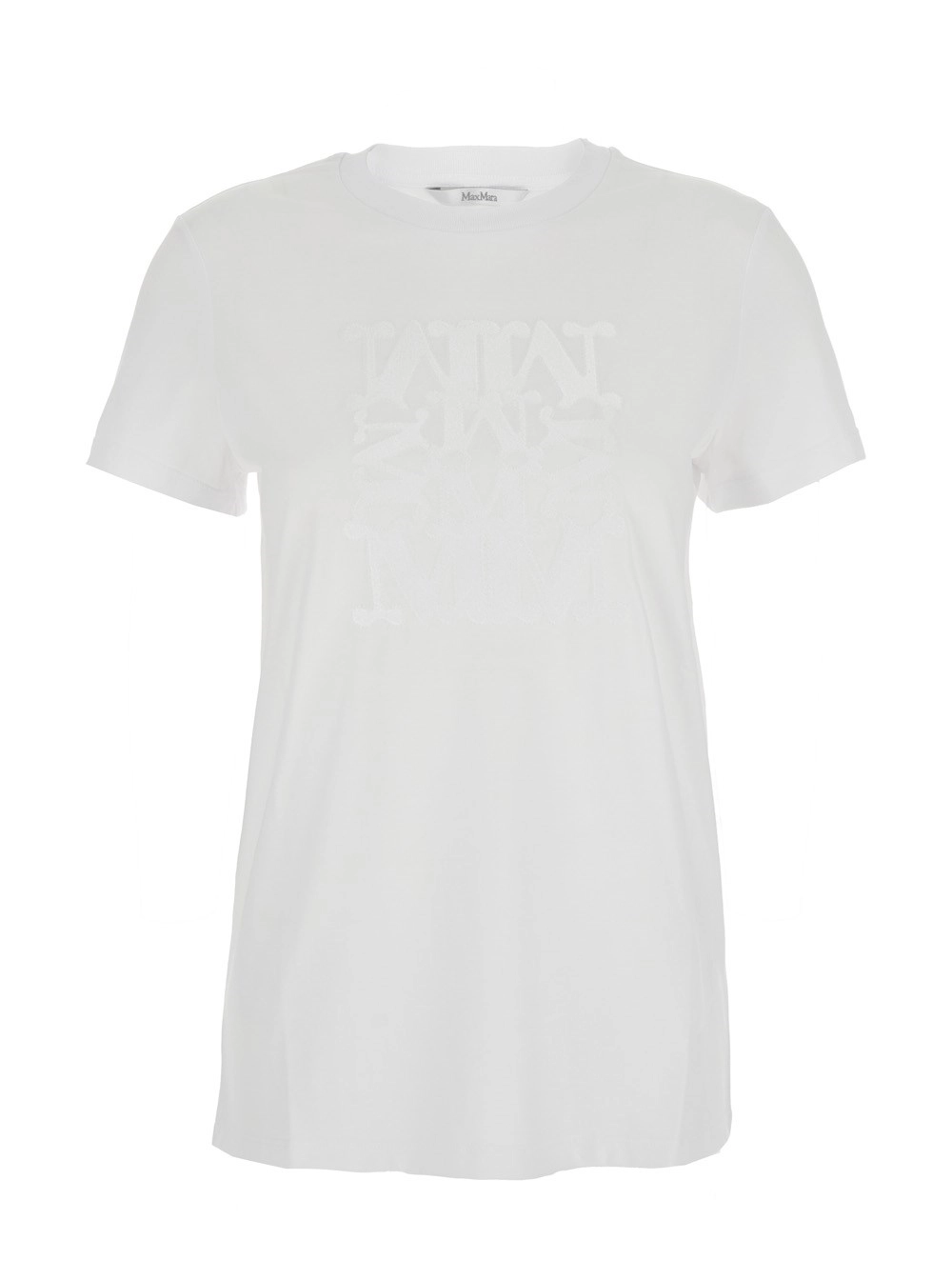 Max Mara T-Shirt Girocollo con Logo Tono su Tono sul Fronte in Cotone Bianca Donna
