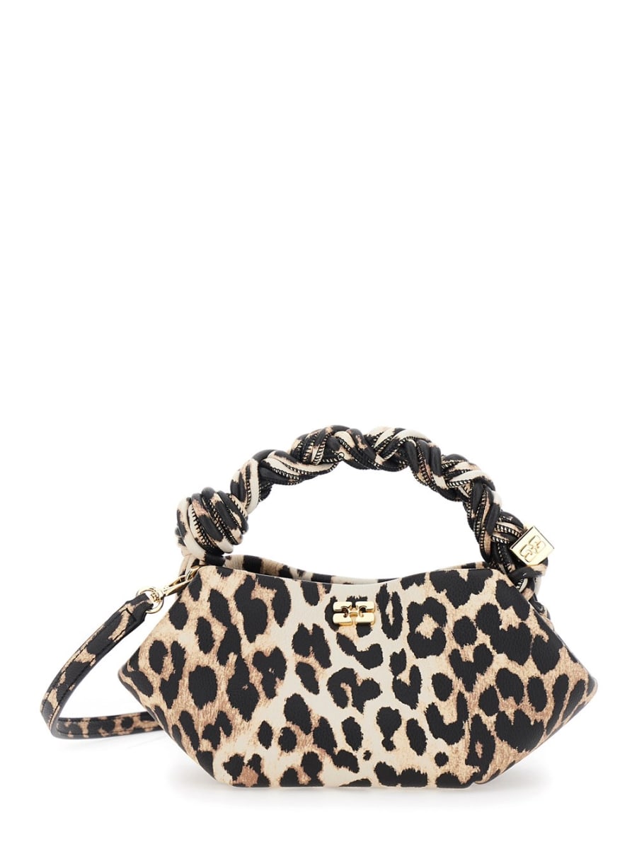 Ganni Borsa a Mano 'Bou Mini' con Manico Intrecciato e Motivo Animalier All-Over in Tessuto Marrone Donna