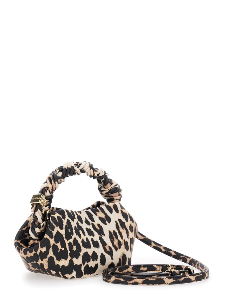 Ganni Borsa a Mano 'Bou Mini' con Manico Intrecciato e Motivo Animalier All-Over in Tessuto Marrone Donna, view 3