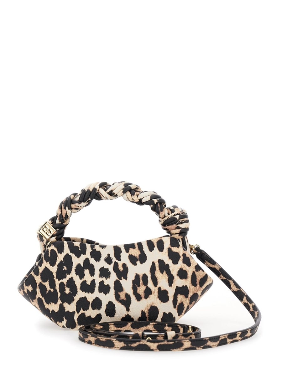 Ganni Borsa a Mano 'Bou Mini' con Manico Intrecciato e Motivo Animalier All-Over in Tessuto Marrone Donna, view 4