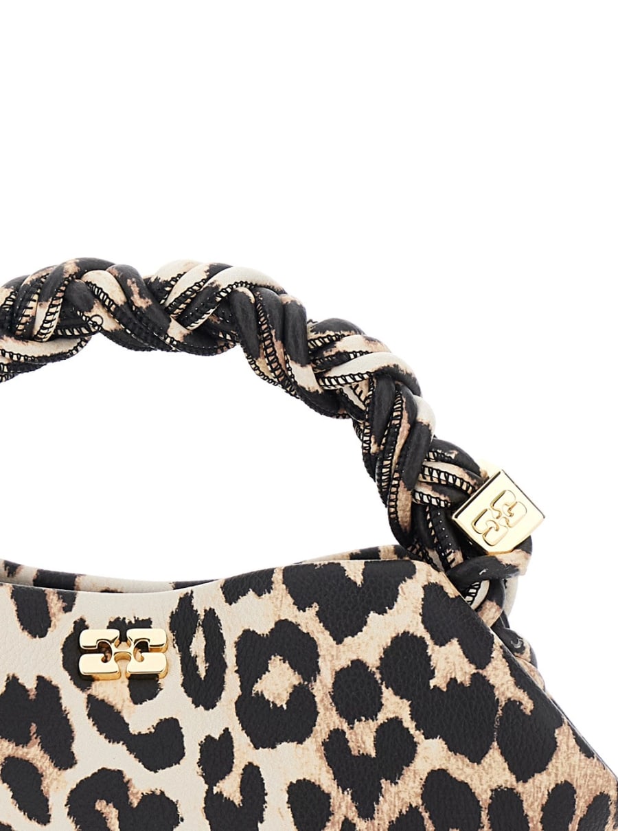 Ganni Borsa a Mano 'Bou Mini' con Manico Intrecciato e Motivo Animalier All-Over in Tessuto Marrone Donna, view 5