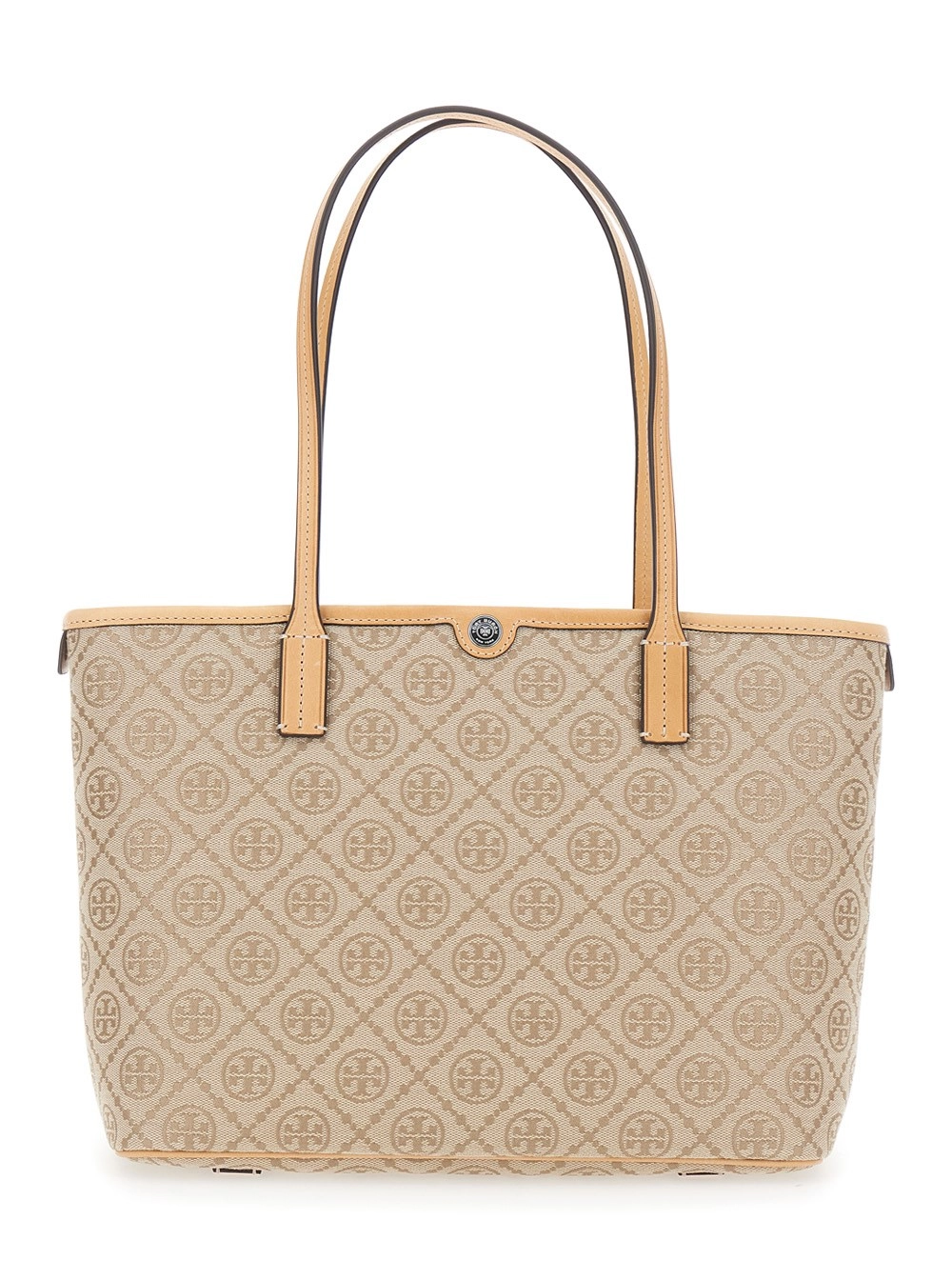 Tory Burch Borsa Shopping piccola con Monogramma Logo All-Over e Chiusura con Zip Superiore in Tela Beige Donna