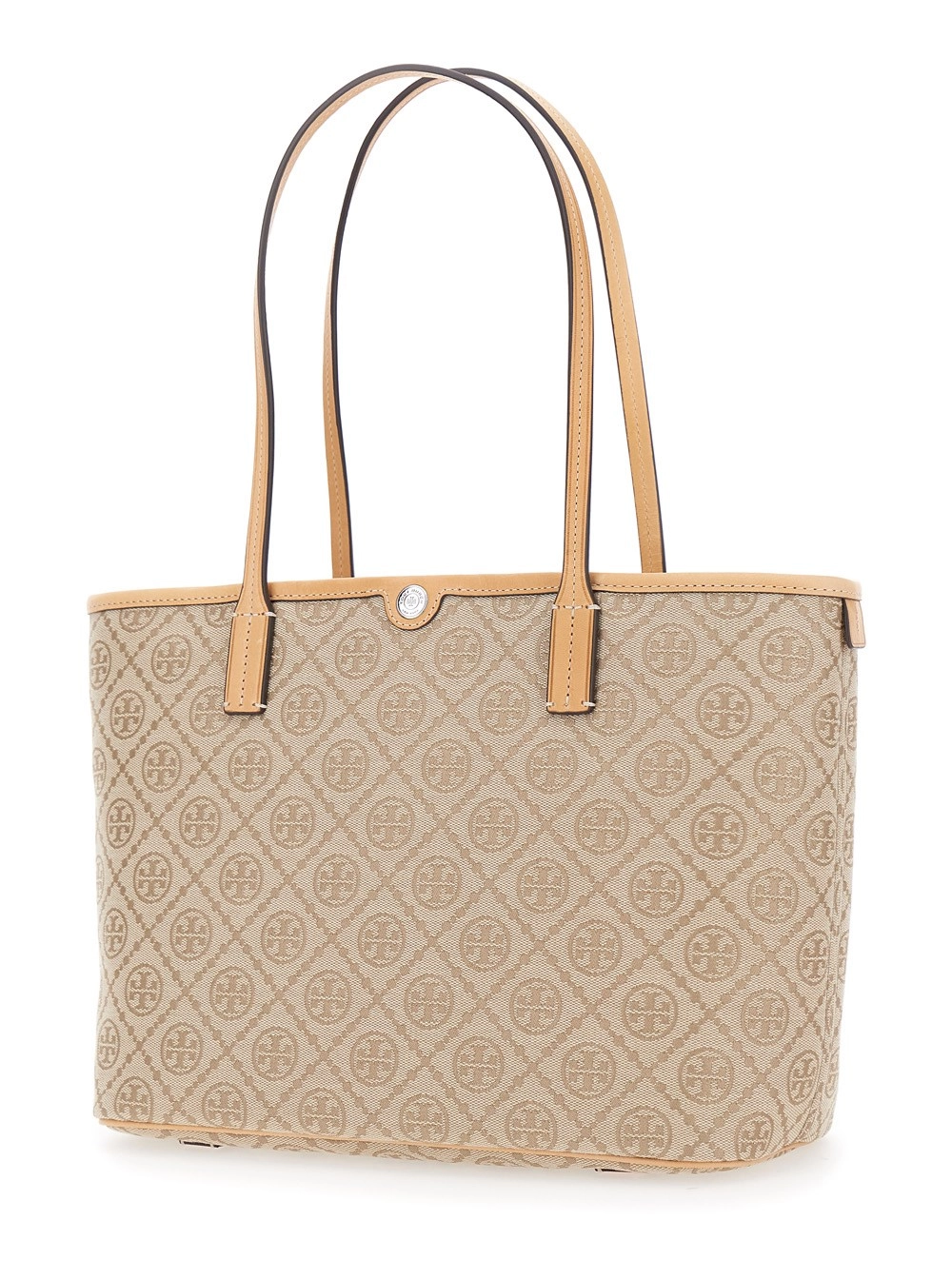 Tory Burch Borsa Shopping piccola con Monogramma Logo All-Over e Chiusura con Zip Superiore in Tela Beige Donna, view 2