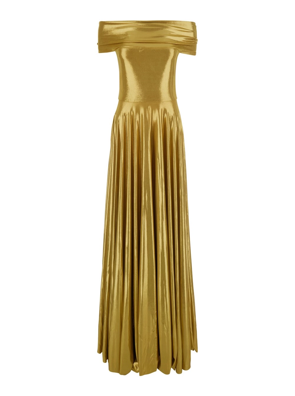 Norma kamali Abito lungo con scollo a barchetta e gonna con plissé in tessuto tecnico color oro donna