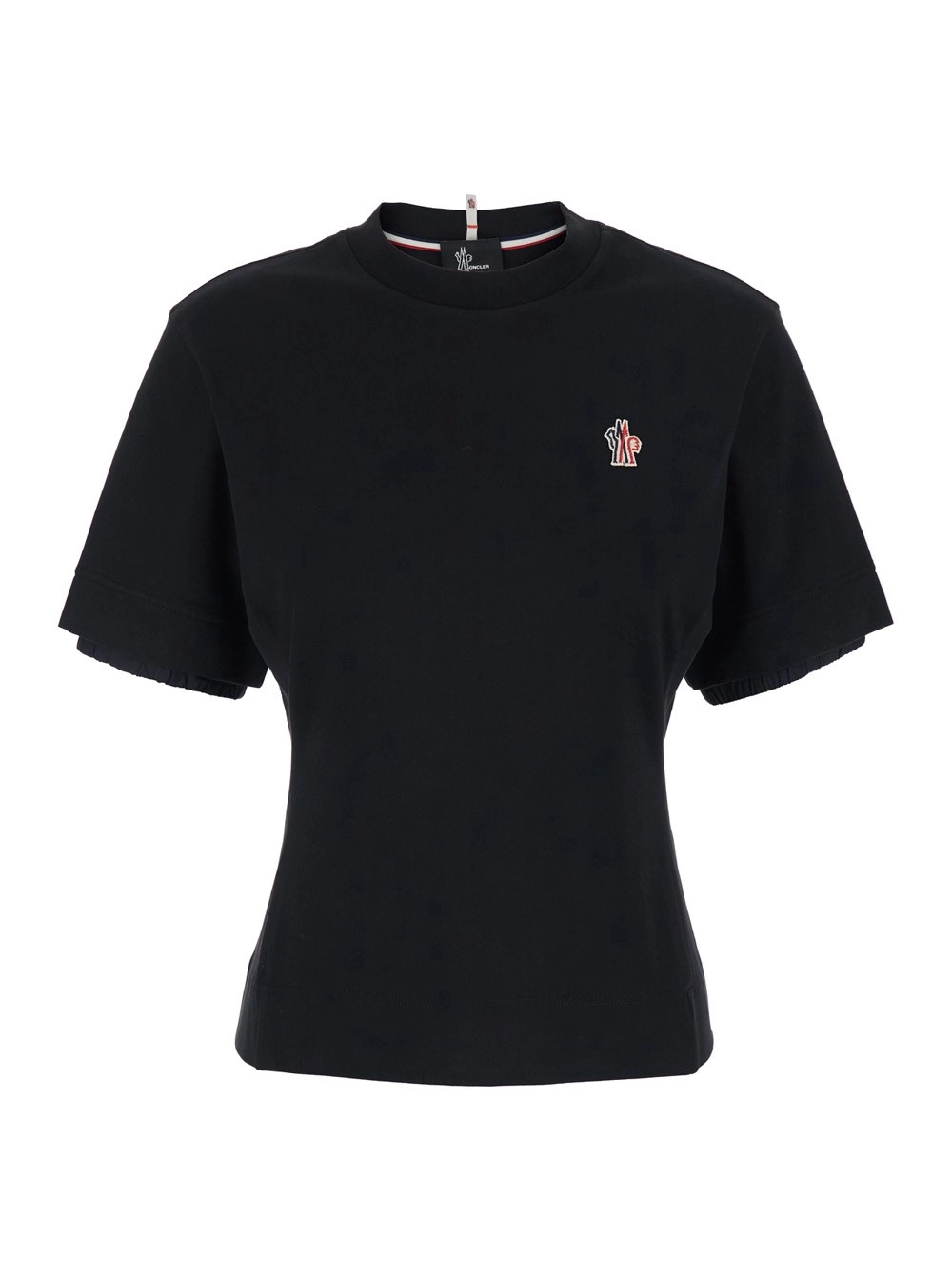 Moncler grenoble T-Shirt Girocollo con Logo su Fronte e Retro in Tessuto Tecnico Nera Donna