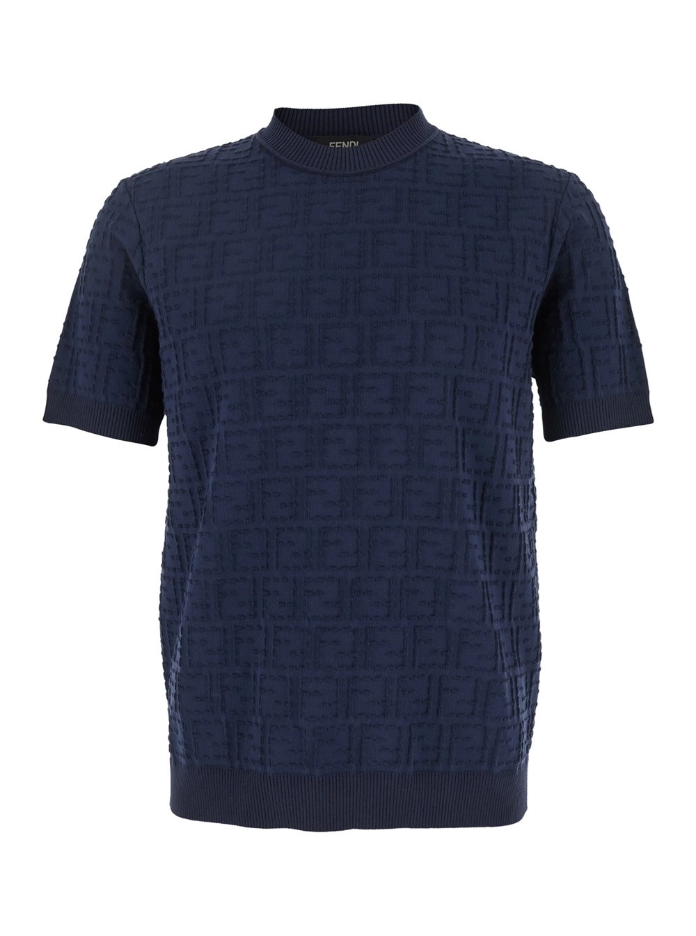 Fendi T-Shirt Blu con Ricamo Logo FF All-Over in Cotone Uomo